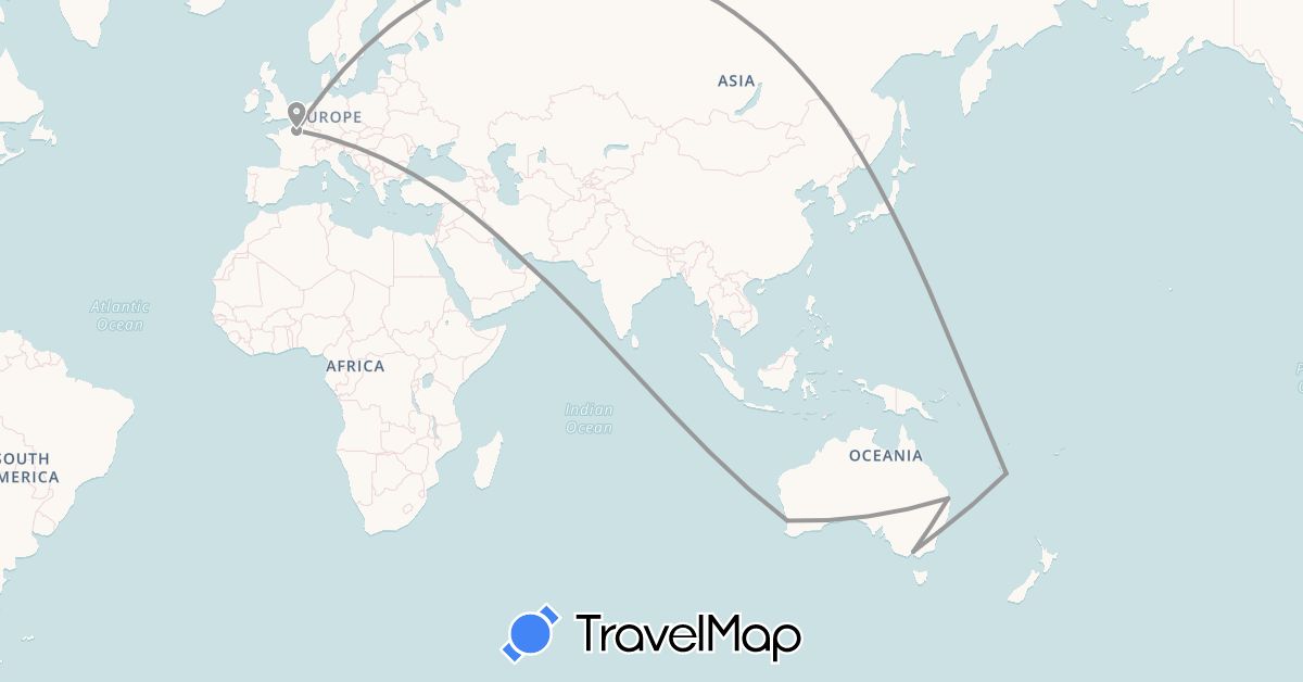 TravelMap itinerary: driving, plane in United Arab Emirates, Australia, France, Japan, New Caledonia (Asia, Europe, Oceania)